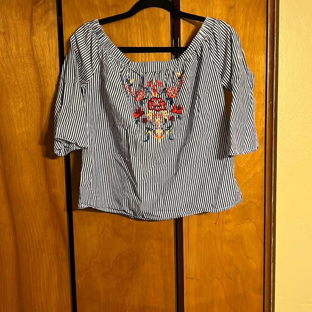 Never worn blue rain off the shoulder top